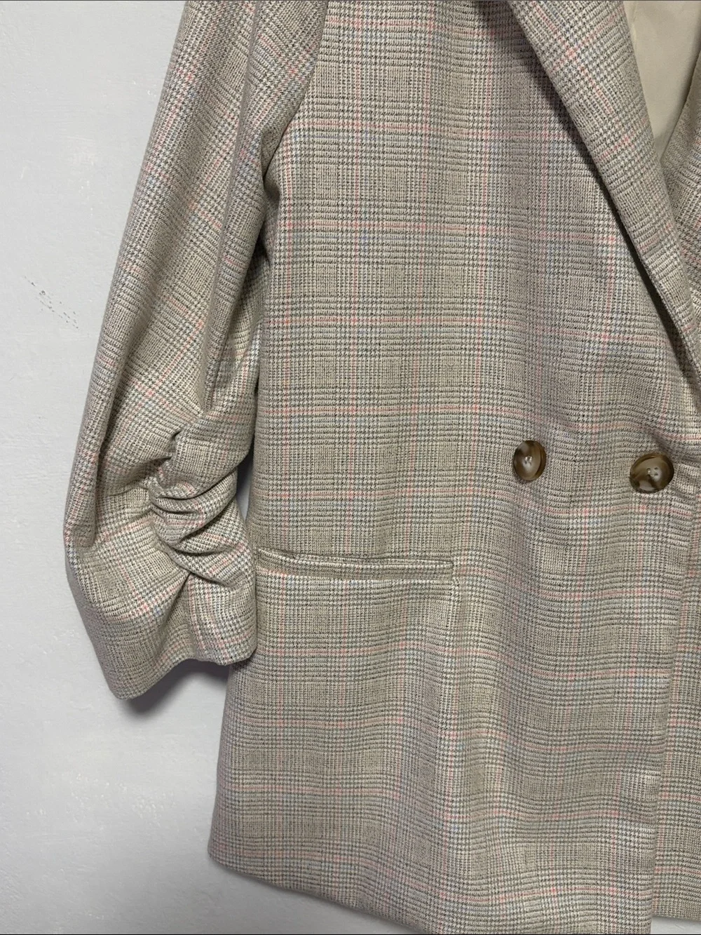 SKIES Are BLUE Plaid Blazer | Size L | Ruched Sleeve Double Button Jacket